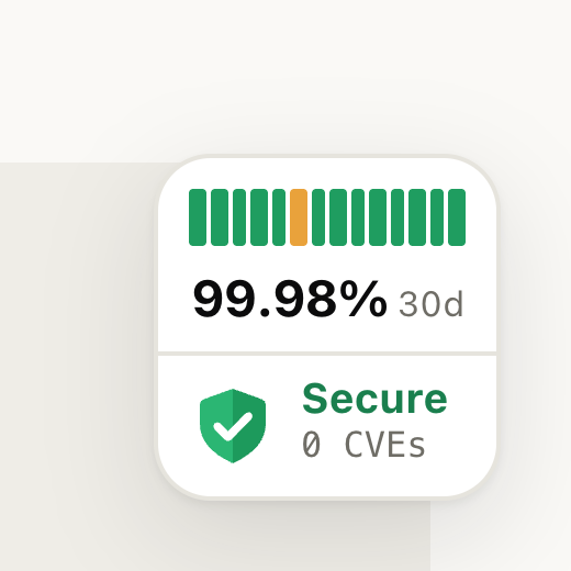 The card close up on a light website: daily bars, 99.98% 30d, and Secure, 0 CVEs.